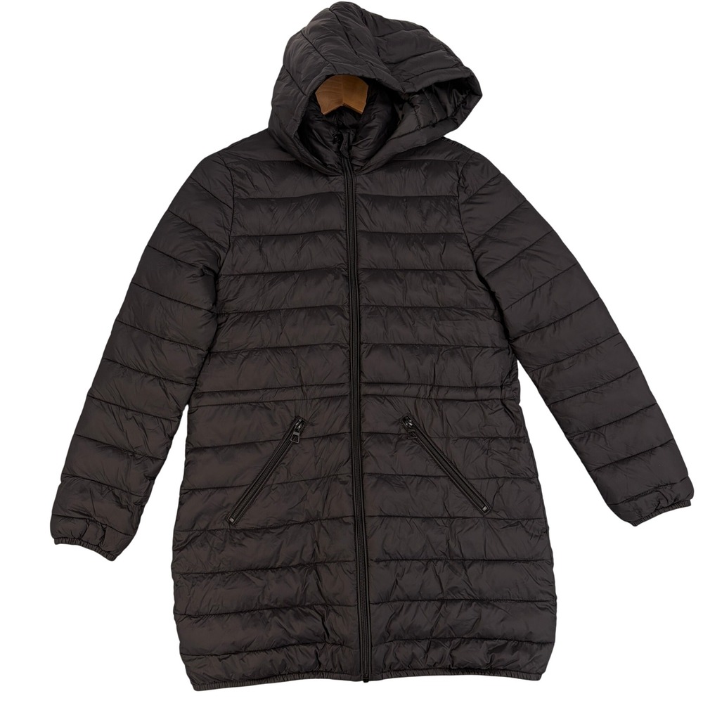 Forever 21 Womens Small Black Quilted Puffer Jacket Hooded Full Zip Longline